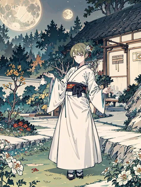 best quality, high_resolution, distinct_image, detailed background ,girl, hanbok,flower,garden,moon, night,<lora:nanakusaNichikaTHEIDOLM_v10:1>