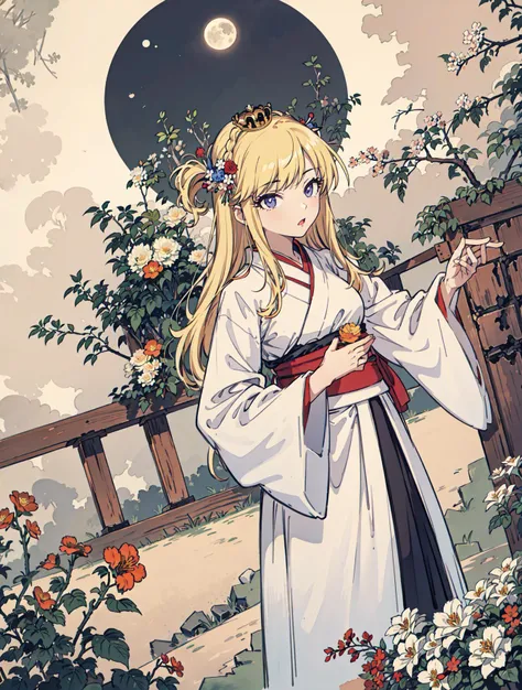 best quality, high_resolution, distinct_image, detailed background ,girl, hanbok,flower,garden,moon, night,dutch angle, wide shot, crown, <lora:ohtsukiYuiTHEIDOLMSTER_v10:1>