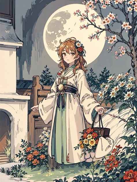 best quality, high_resolution, distinct_image, detailed background ,girl, flower,garden,moon, <lora:arakiHinaTHEIdolmSTER_v11:1>