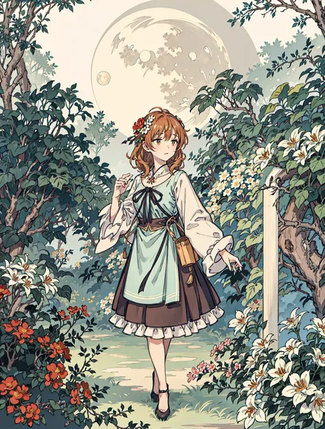 best quality, high_resolution, distinct_image, detailed background ,girl, flower,garden,moon, <lora:arakiHinaTHEIdolmSTER_v11:1>