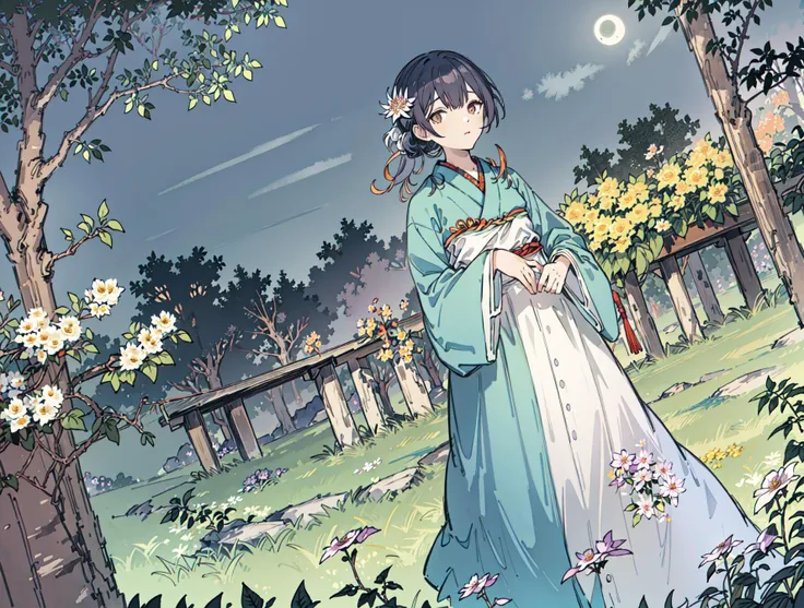 best quality, high_resolution, distinct_image, detailed background ,girl, hanbok,flower,garden,moon, night,dutch angle, wide shot, crown,  <lora:morinoRinzeTHEIDOLMSTER_v10:1>