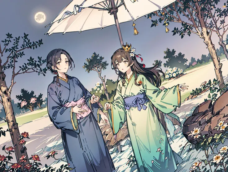 best quality, high_resolution, distinct_image, detailed background ,girl, hanbok,flower,garden,moon, night,dutch angle, wide shot, crown, <lora:morinoRinzeTHEIDOLMSTER_v10:1>