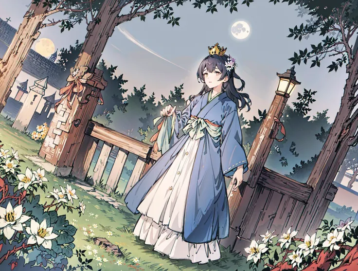 best quality, high_resolution, distinct_image, detailed background ,girl, hanbok,flower,garden,moon, night,dutch angle, wide shot, crown,  <lora:morinoRinzeTHEIDOLMSTER_v10:1>