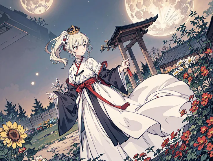 best quality, high_resolution, distinct_image, detailed background ,girl, hanbok,flower,garden,moon, night,dutch angle, wide shot, crown, <lora:kobayakawaSaeIdolm_delta:1>
