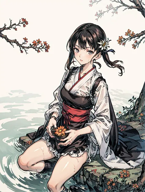 best quality, high_resolution, distinct_image, detailed background ,girl,flower, lain,dutch angle, wet,oriental castle,gothic hanbok, waist apron,