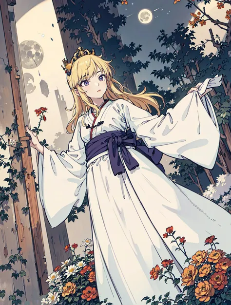 best quality, high_resolution, distinct_image, detailed background ,girl, hanbok,flower,garden,moon, night,dutch angle, wide shot, crown, <lora:ohtsukiYuiTHEIDOLMSTER_v10:1>