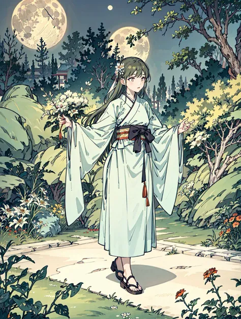 best quality, high_resolution, distinct_image, detailed background ,girl, hanbok,flower,garden,moon, night,<lora:nanakusaNichikaTHEIDOLM_v10:1>