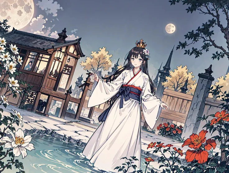best quality, high_resolution, distinct_image, detailed background ,girl, hanbok,flower,garden,moon, night,dutch angle, wide shot, crown, <lora:kobayakawaSaeIdolm_delta:1>