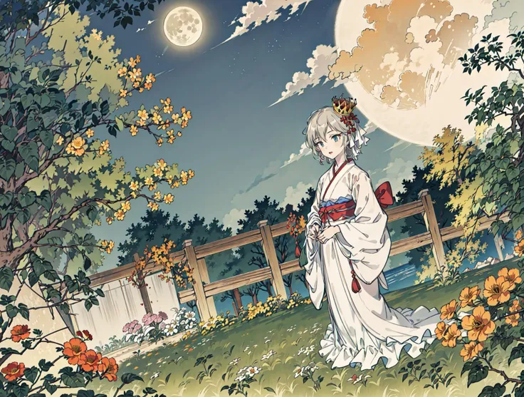 best quality, high_resolution, distinct_image, detailed background ,girl, hanbok,flower,garden,moon, night,dutch angle, wide shot, crown,<lora:anastasiaTHEIdolmSTER_anastasiaV10:1>