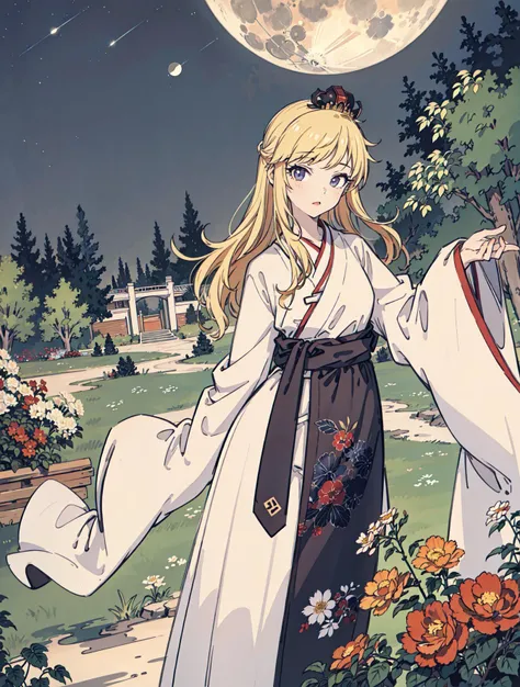 best quality, high_resolution, distinct_image, detailed background ,girl, hanbok,flower,garden,moon, night,dutch angle, wide shot, crown, <lora:ohtsukiYuiTHEIDOLMSTER_v10:1>