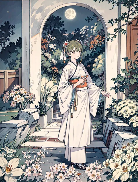 best quality, high_resolution, distinct_image, detailed background ,girl, hanbok,flower,garden,moon, night,<lora:nanakusaNichikaTHEIDOLM_v10:1>