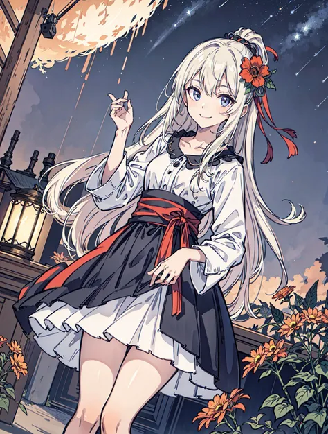 best quality, high_resolution, distinct_image, detailed background ,girl, random wear,flower, night sky,dutch angle, wide shot,shy smile,