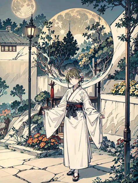 best quality, high_resolution, distinct_image, detailed background ,girl, hanbok,flower,garden,moon, night,<lora:nanakusaNichikaTHEIDOLM_v10:1>