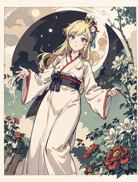best quality, high_resolution, distinct_image, detailed background ,girl, hanbok,flower,garden,moon, night,dutch angle, wide shot, crown, <lora:ohtsukiYuiTHEIDOLMSTER_v10:1>