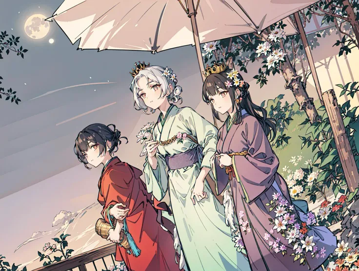 best quality, high_resolution, distinct_image, detailed background ,girl, hanbok,flower,garden,moon, night,dutch angle, wide shot, crown, <lora:morinoRinzeTHEIDOLMSTER_v10:1>