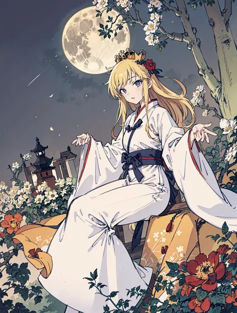 best quality, high_resolution, distinct_image, detailed background ,girl, hanbok,flower,garden,moon, night,dutch angle, wide shot, crown, <lora:ohtsukiYuiTHEIDOLMSTER_v10:1>