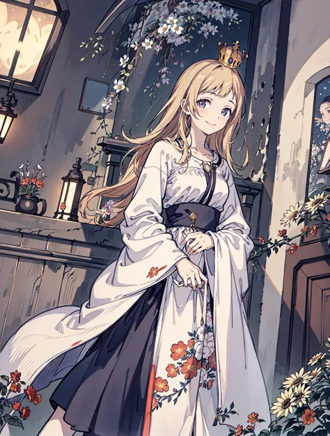 best quality, high_resolution, distinct_image, detailed background ,girl, random wear,flower, night sky,dutch angle, wide shot,shy smile, crown, <lora:sakuragiManoTHEIDOLM_v10:1>