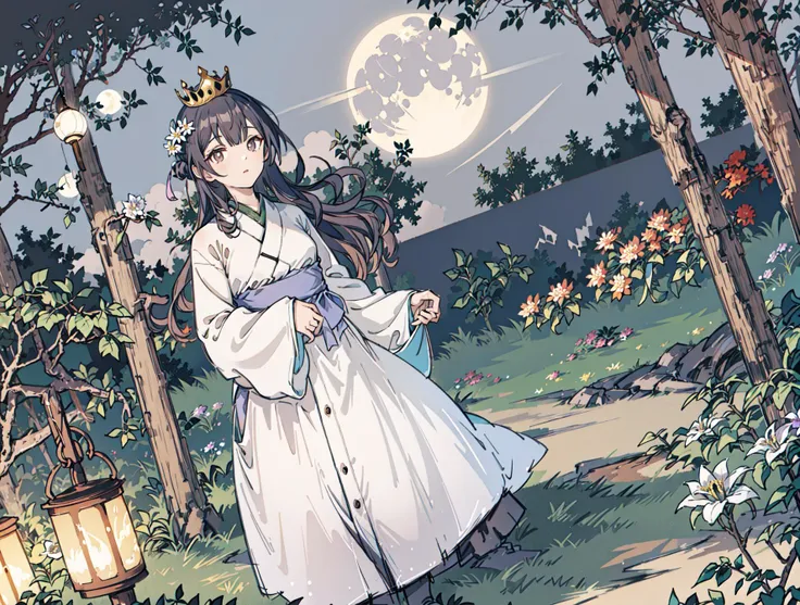 best quality, high_resolution, distinct_image, detailed background ,girl, hanbok,flower,garden,moon, night,dutch angle, wide shot, crown, <lora:morinoRinzeTHEIDOLMSTER_v10:1>