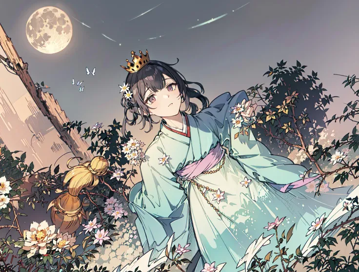 best quality, high_resolution, distinct_image, detailed background ,girl, hanbok,flower,garden,moon, night,dutch angle, wide shot, crown, <lora:morinoRinzeTHEIDOLMSTER_v10:1>