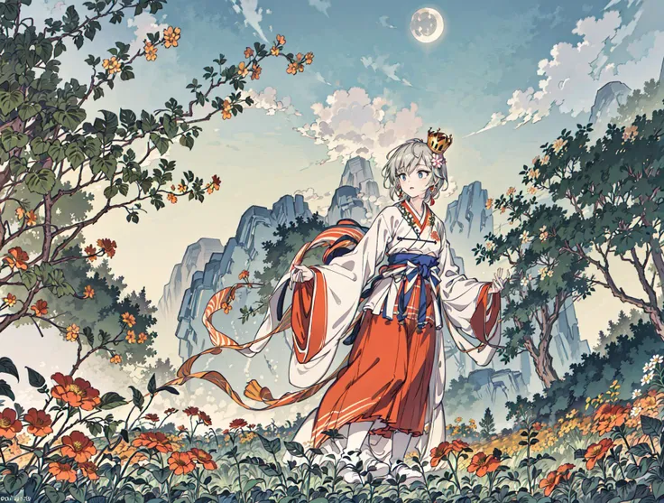 best quality, high_resolution, distinct_image, detailed background ,girl, hanbok,flower,garden,moon, night,dutch angle, wide shot, crown,<lora:anastasiaTHEIdolmSTER_anastasiaV10:1>