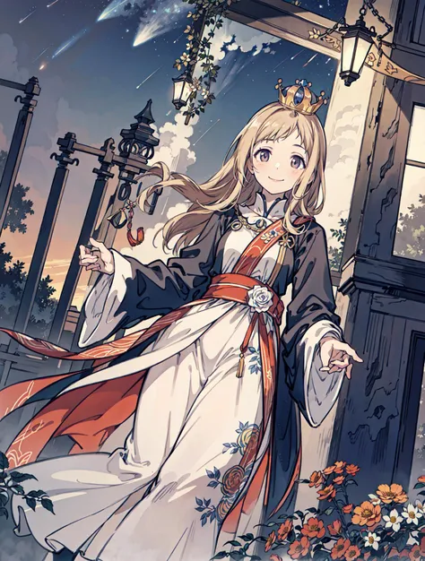 best quality, high_resolution, distinct_image, detailed background ,girl, random wear,flower, night sky,dutch angle, wide shot,shy smile, crown, <lora:sakuragiManoTHEIDOLM_v10:1>