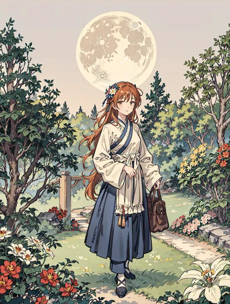 best quality, high_resolution, distinct_image, detailed background ,girl, flower,garden,moon, <lora:arakiHinaTHEIdolmSTER_v11:1>