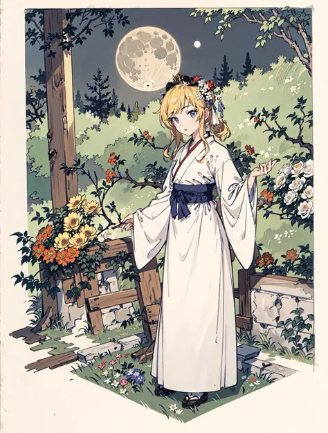 best quality, high_resolution, distinct_image, detailed background ,girl, hanbok,flower,garden,moon, night,dutch angle, wide shot, crown, <lora:ohtsukiYuiTHEIDOLMSTER_v10:1>