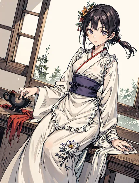 best quality, high_resolution, distinct_image, detailed background ,girl, random wear,flower, lain,dutch angle, wet, hanbok dress, waist apron,