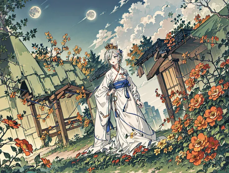 best quality, high_resolution, distinct_image, detailed background ,girl, hanbok,flower,garden,moon, night,dutch angle, wide shot, crown,<lora:anastasiaTHEIdolmSTER_anastasiaV10:1>