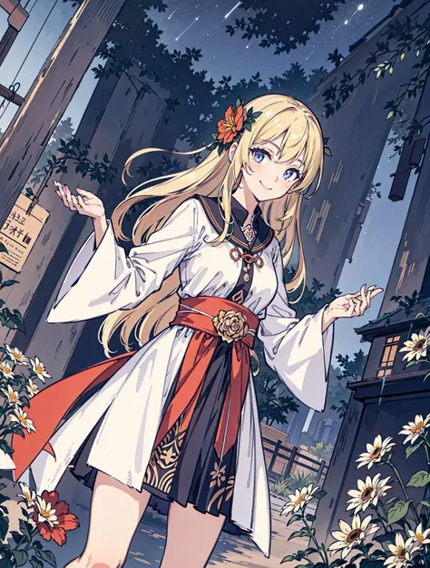 best quality, high_resolution, distinct_image, detailed background ,girl, random wear,flower, night sky,dutch angle, wide shot,shy smile,