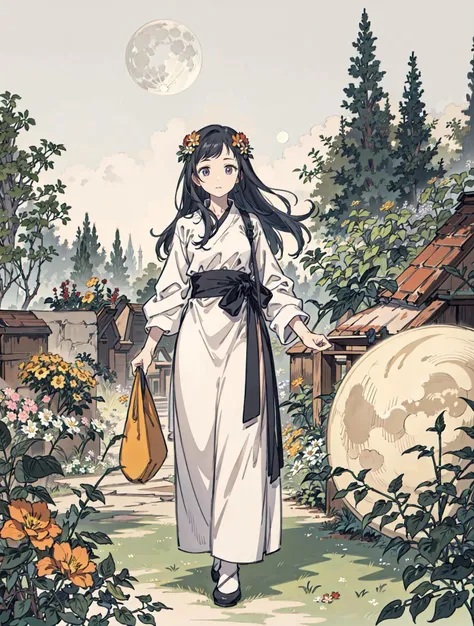 best quality, high_resolution, distinct_image, detailed background ,girl, flower,garden,moon, <lora:sakuragiManoTHEIDOLM_v10:1>