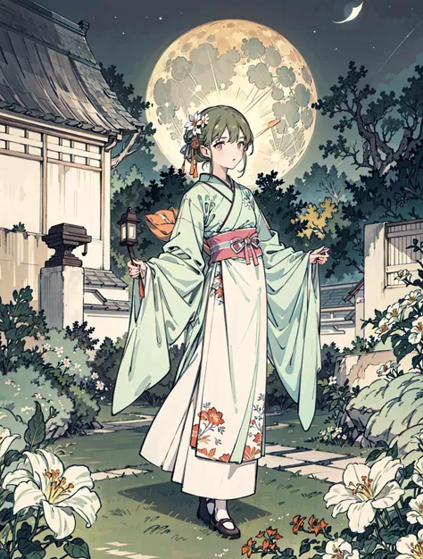 best quality, high_resolution, distinct_image, detailed background ,girl, hanbok,flower,garden,moon, night,<lora:nanakusaNichikaTHEIDOLM_v10:1>