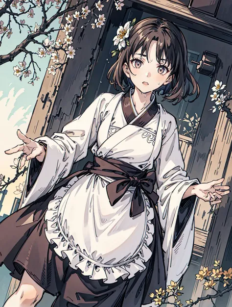 best quality, high_resolution, distinct_image, detailed background ,girl,flower, lain,dutch angle, wet,oriental castle,gothic hanbok, waist apron,