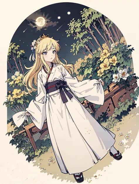 best quality, high_resolution, distinct_image, detailed background ,girl, hanbok,flower,garden,moon, night,dutch angle, wide shot, crown,  <lora:ohtsukiYuiTHEIDOLMSTER_v10:1>