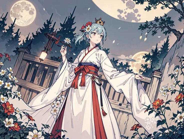 best quality, high_resolution, distinct_image, detailed background ,girl, hanbok,flower,garden,moon, night,dutch angle, wide shot, crown, <lora:kobayakawaSaeIdolm_delta:1>