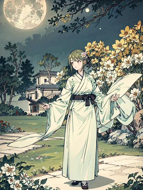 best quality, high_resolution, distinct_image, detailed background ,girl, hanbok,flower,garden,moon, night,<lora:nanakusaNichikaTHEIDOLM_v10:1>