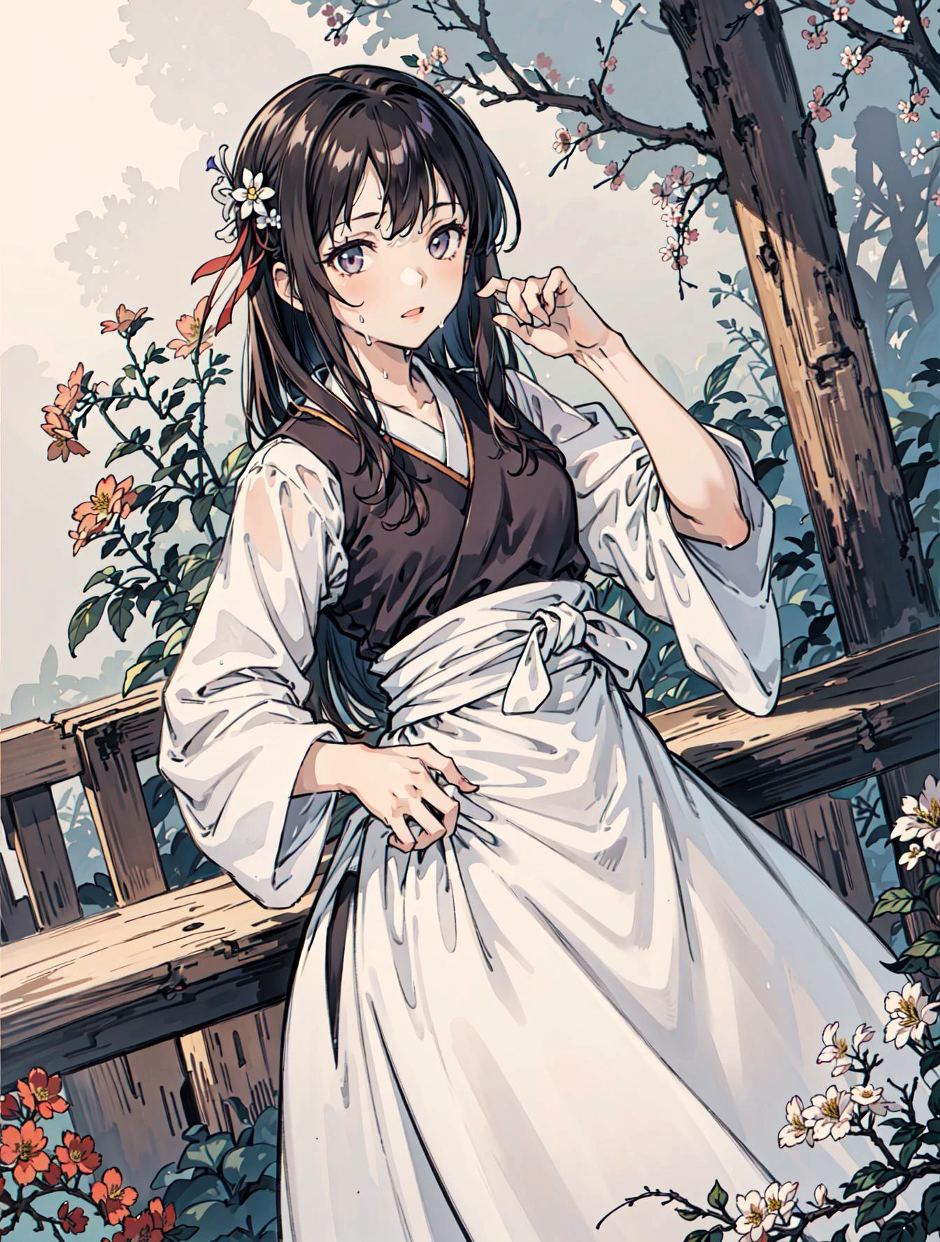 best quality, high_resolution, distinct_image, detailed background ,girl, random wear,flower, lain,dutch angle, wet, hanbok dress, waist apron,
