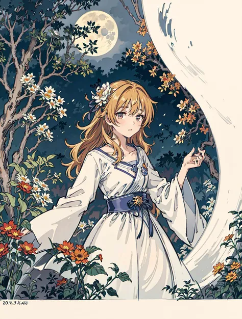 best quality, high_resolution, distinct_image, detailed background ,girl, flower,garden,moon, <lora:arakiHinaTHEIdolmSTER_v11:1>