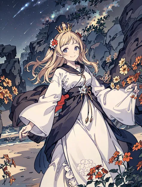 best quality, high_resolution, distinct_image, detailed background ,girl, random wear,flower, night sky,dutch angle, wide shot,shy smile, crown, <lora:sakuragiManoTHEIDOLM_v10:1>