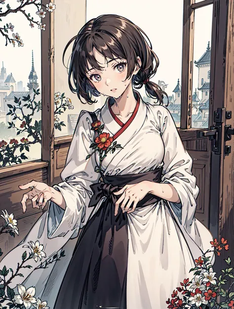 best quality, high_resolution, distinct_image, detailed background ,girl,flower, lain,dutch angle, wet,oriental castle,gothic hanbok, waist apron,