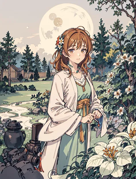 best quality, high_resolution, distinct_image, detailed background ,girl, flower,garden,moon, <lora:arakiHinaTHEIdolmSTER_v11:1>