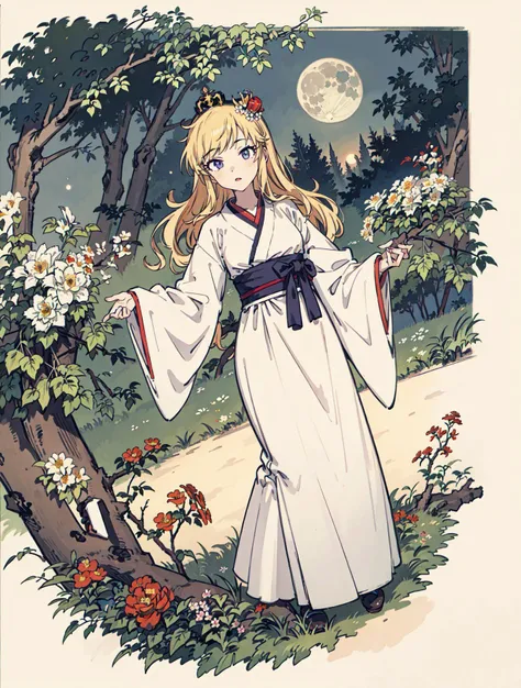 best quality, high_resolution, distinct_image, detailed background ,girl, hanbok,flower,garden,moon, night,dutch angle, wide shot, crown, <lora:ohtsukiYuiTHEIDOLMSTER_v10:1>