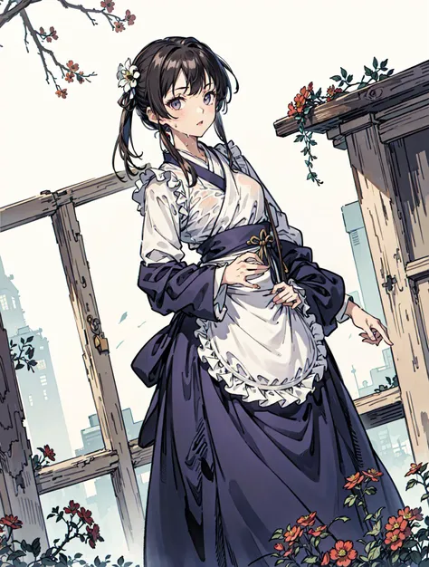 best quality, high_resolution, distinct_image, detailed background ,girl, random wear,flower, lain,dutch angle, wet, hanbok dress, waist apron,