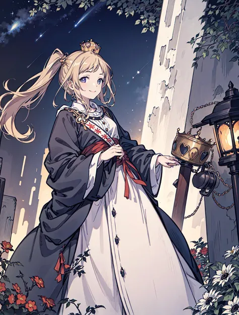 best quality, high_resolution, distinct_image, detailed background ,girl, random wear,flower, night sky,dutch angle, wide shot,shy smile, crown, <lora:sakuragiManoTHEIDOLM_v10:1>