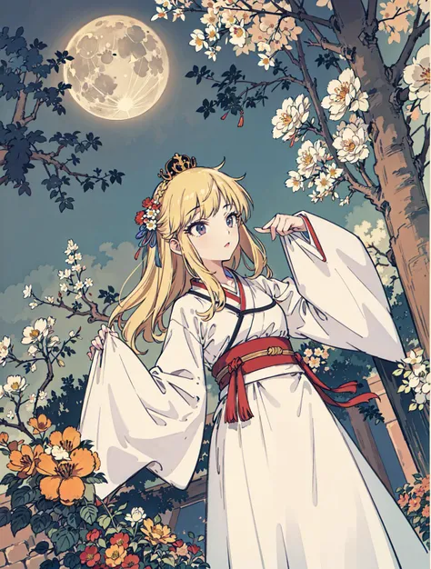 best quality, high_resolution, distinct_image, detailed background ,girl, hanbok,flower,garden,moon, night,dutch angle, wide shot, crown, <lora:ohtsukiYuiTHEIDOLMSTER_v10:1>