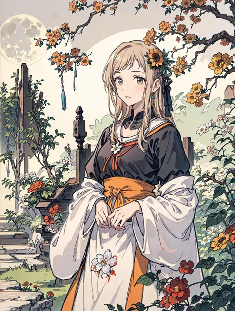 best quality, high_resolution, distinct_image, detailed background ,girl, flower,garden,moon, <lora:sakuragiManoTHEIDOLM_v10:1>