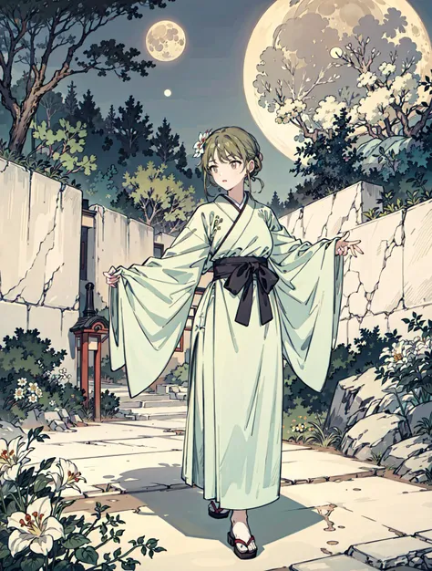 best quality, high_resolution, distinct_image, detailed background ,girl, hanbok,flower,garden,moon, night,<lora:nanakusaNichikaTHEIDOLM_v10:1>