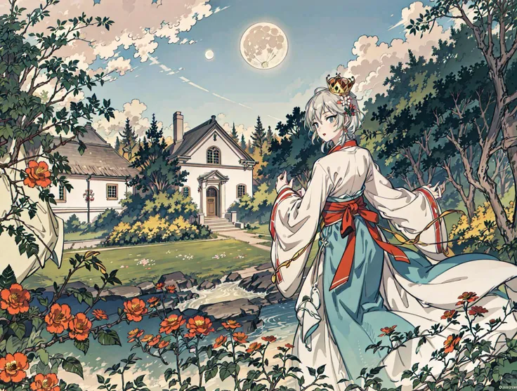 best quality, high_resolution, distinct_image, detailed background ,girl, hanbok,flower,garden,moon, night,dutch angle, wide shot, crown,<lora:anastasiaTHEIdolmSTER_anastasiaV10:1>