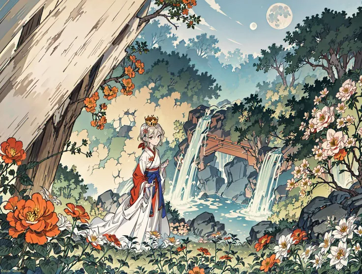 best quality, high_resolution, distinct_image, detailed background ,girl, hanbok,flower,garden,moon, night,dutch angle, wide shot, crown,<lora:anastasiaTHEIdolmSTER_anastasiaV10:1>