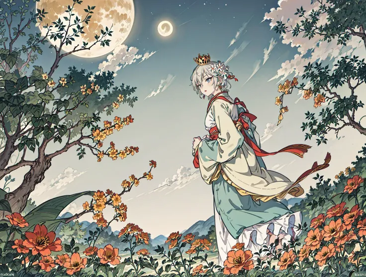 best quality, high_resolution, distinct_image, detailed background ,girl, hanbok,flower,garden,moon, night,dutch angle, wide shot, crown,<lora:anastasiaTHEIdolmSTER_anastasiaV10:1>